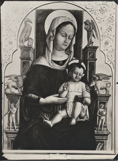 Anonimo — Cesa Matteo - sec. XV - Madonna con Bambino in trono e simboli degli Evangelisti — insieme